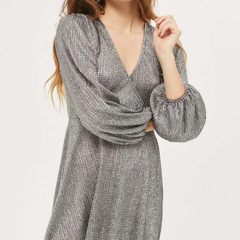 topshop metallic skater dress Topshop Silver Metallic Wrap Skater Dress Size US 8 EUR 40 UK 12 Long  Sleeve memoriesprint.cl